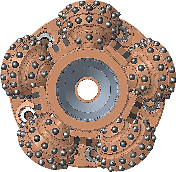 Hole opener 10″ seen from the front, five rolling cutters with tungsten-carbide inserts