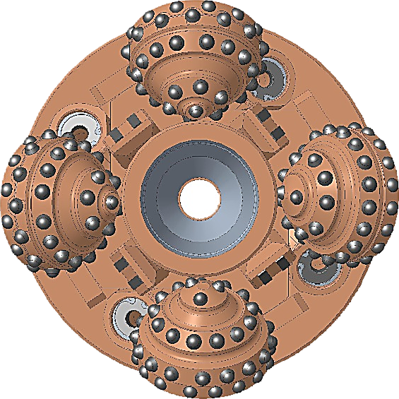 Hole opener 12″ seen from the front, four rolling cutters with tungsten-carbide inserts