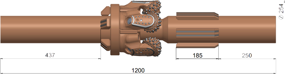 Side view of a hole opener: lead-in shaft, the ring of rolling cutters and the stabiliser