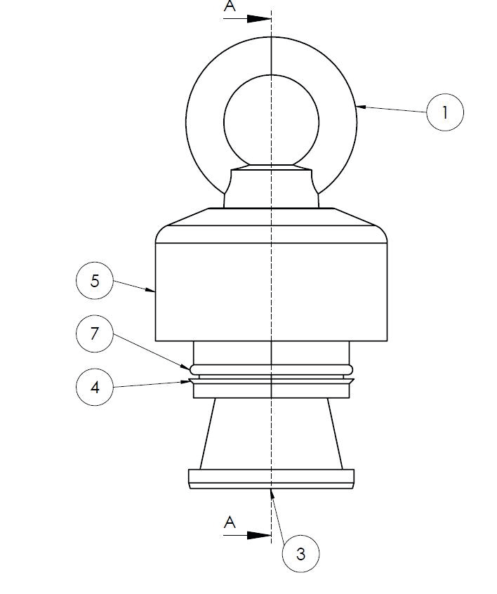 Drawing of a pipe pulling head with cap, with numbered parts: 1 eye bolt, 3 lower cone, 4 expander, 5 cap, 7 O-ring set