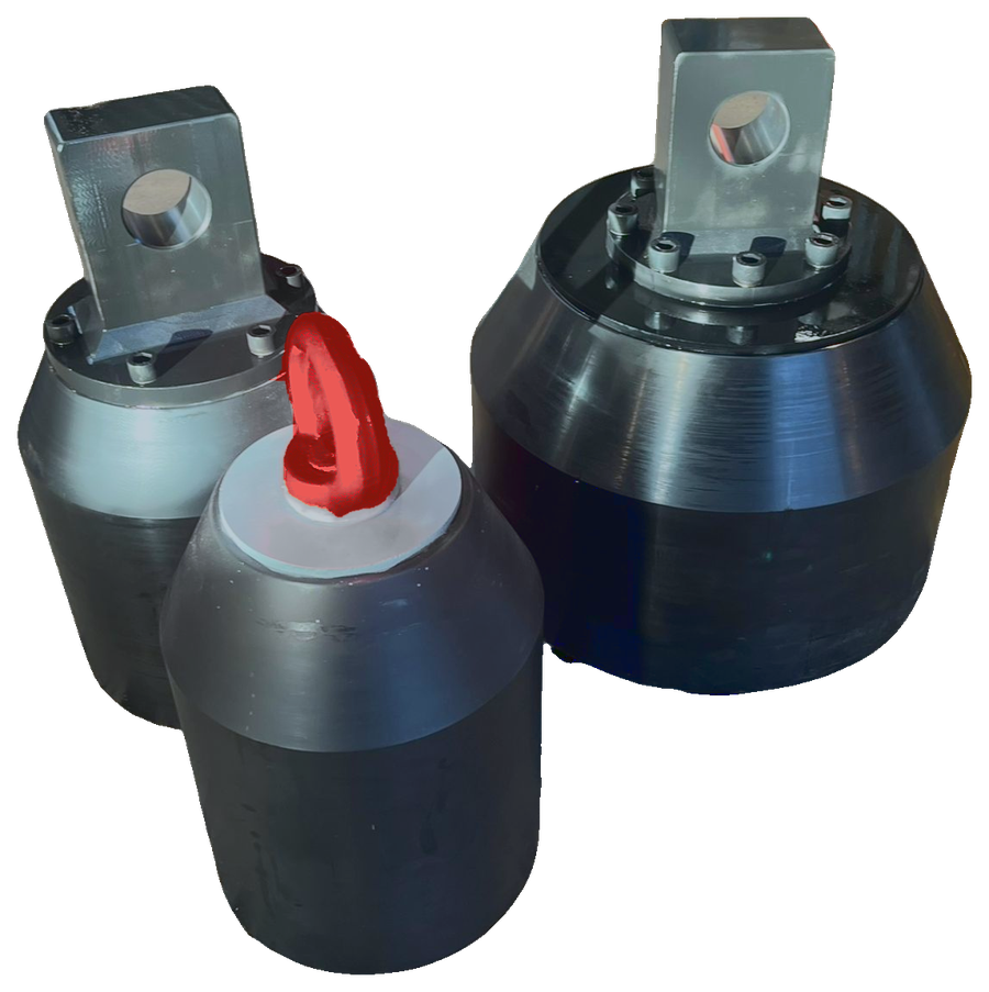 Three custom welding heads in different sizes, two with a bolted pulling lug and one with a pulling eye
