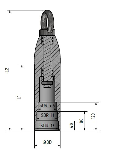 Section drawing of a welding head: three stepped seats for pipe SDR 17, SDR 11 and SDR 7.4 at 40, 80 and 120 mm from the pipe end